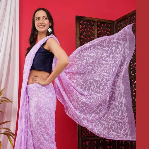 Exquisite Lucknawi Handcrafted Chikan Work Saree: Timeless Elegance in Every Detail