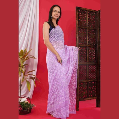 Exquisite Lucknawi Handcrafted Chikan Work Saree: Timeless Elegance in Every Detail