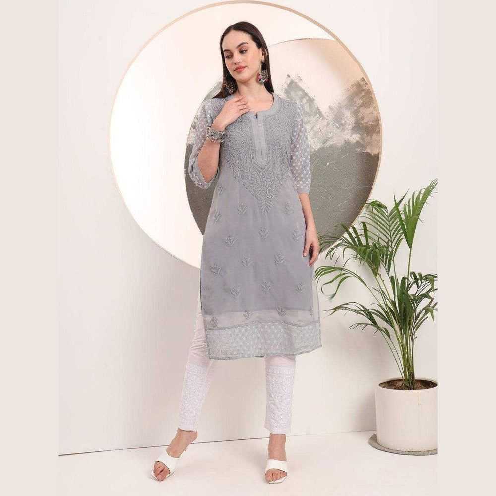 Handmade Soft Georgette Long Chikan Kurti with Inner – Pure Elegance & Comfort