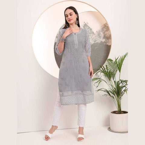 Handmade Soft Georgette Long Chikan Kurti with Inner – Pure Elegance & Comfort