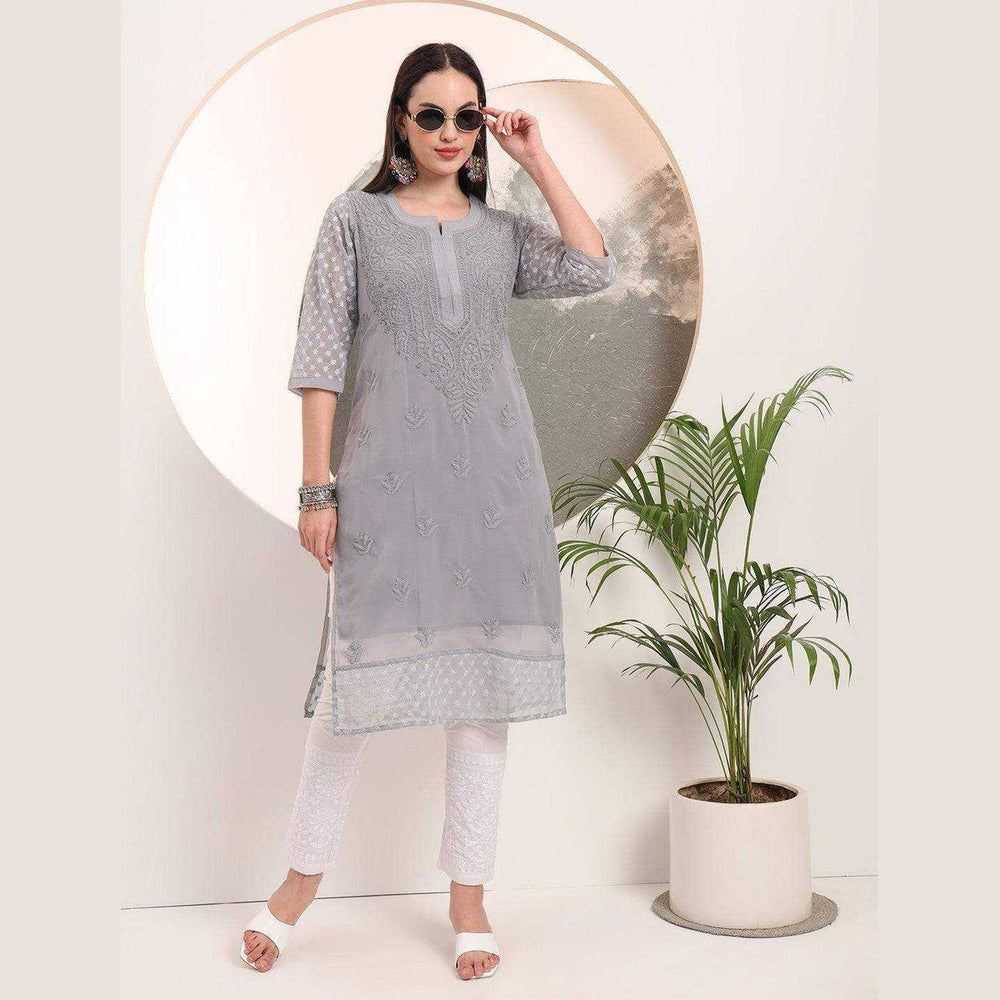 Handmade Soft Georgette Long Chikan Kurti with Inner – Pure Elegance & Comfort