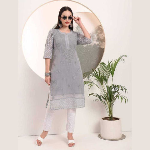 Handmade Soft Georgette Long Chikan Kurti with Inner – Pure Elegance & Comfort