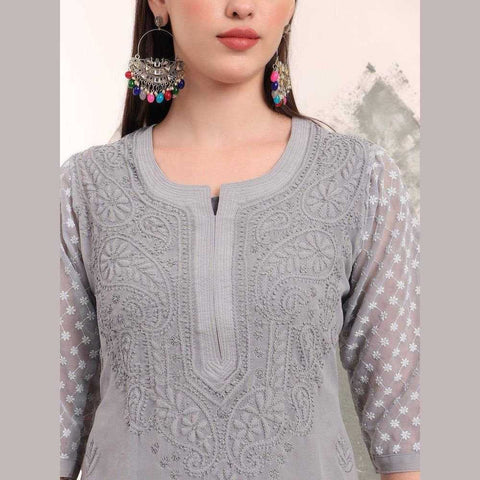 Handmade Soft Georgette Long Chikan Kurti with Inner – Pure Elegance & Comfort