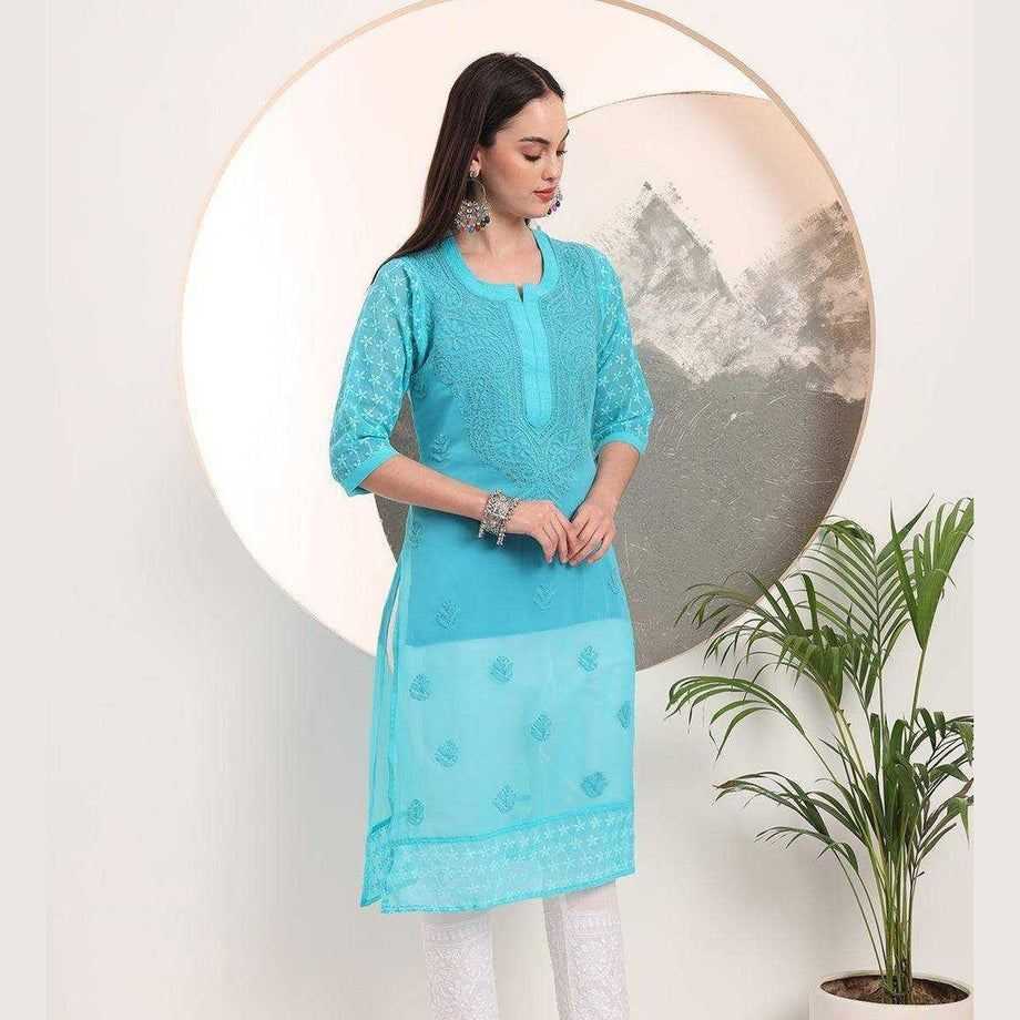 Handmade Soft Georgette Long Chikan Kurti with Inner – Pure Elegance & Comfort