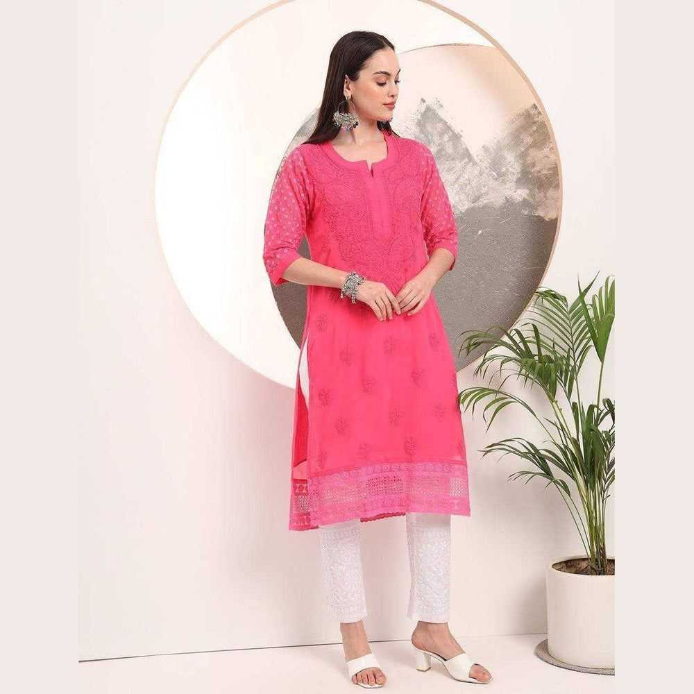 Handmade Soft Georgette Long Chikan Kurti with Inner – Pure Elegance & Comfort