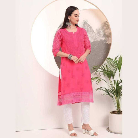 Handmade Soft Georgette Long Chikan Kurti with Inner – Pure Elegance & Comfort
