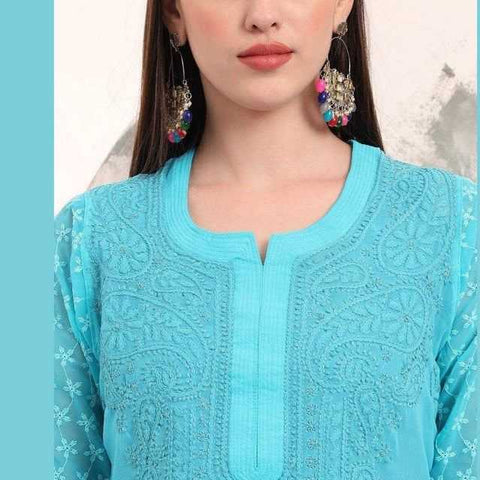 Handmade Soft Georgette Long Chikan Kurti with Inner – Pure Elegance & Comfort