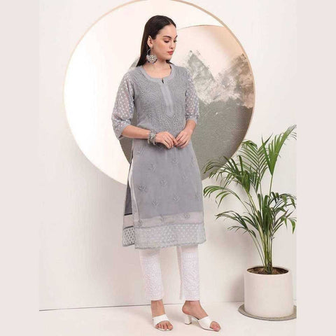 Handmade Soft Georgette Long Chikan Kurti with Inner – Pure Elegance & Comfort