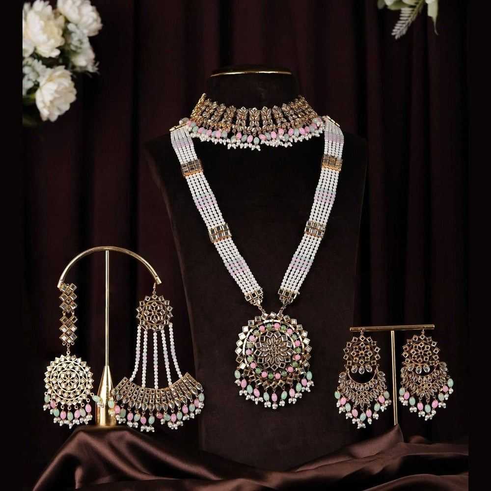 Royal Kundan Pearl & Pastel Beads Bridal Jewellery Set – Maang Tikka, Earrings, Choker & Long Haar – Anti Tarnish