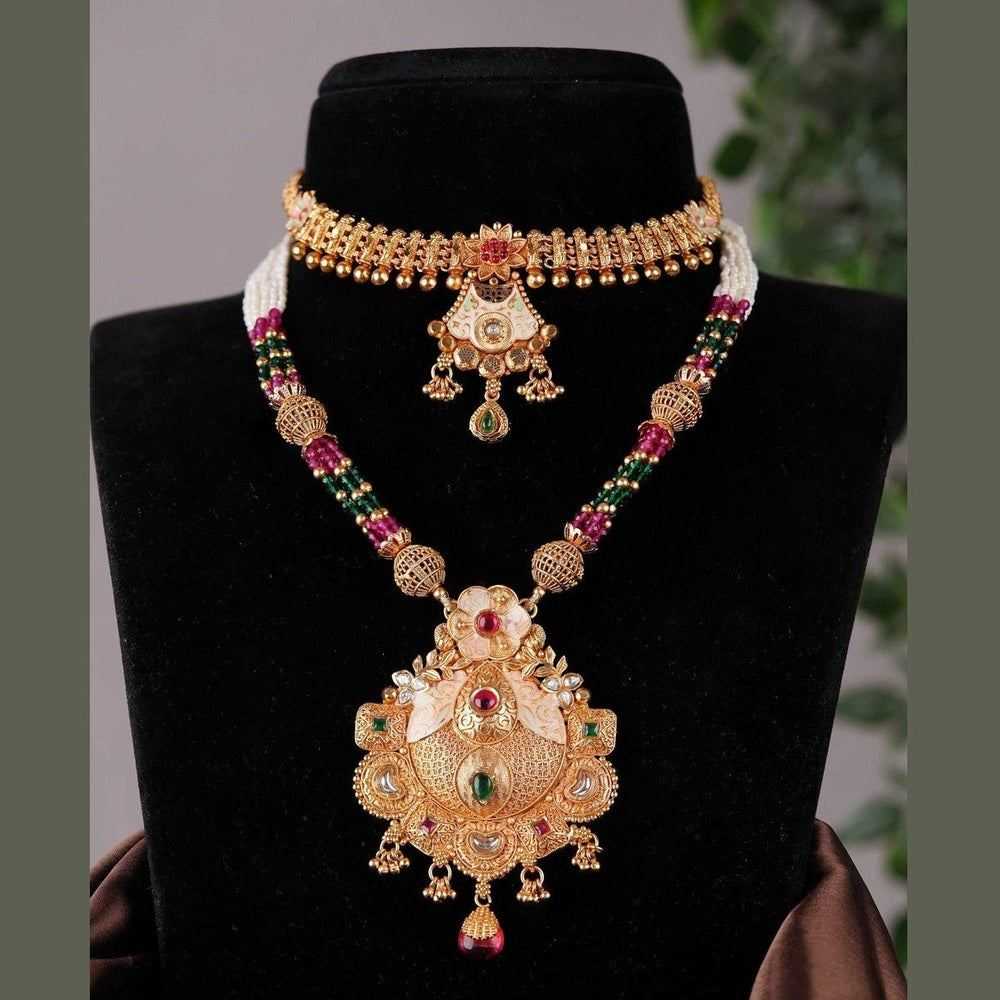 Temple Style Gold Choker & Long Necklace Set – Bridal Jewelry – Anti Tarnish