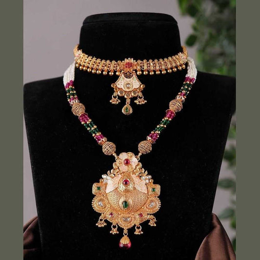 Temple Style Gold Choker & Long Necklace Set – Bridal Jewelry – Anti Tarnish