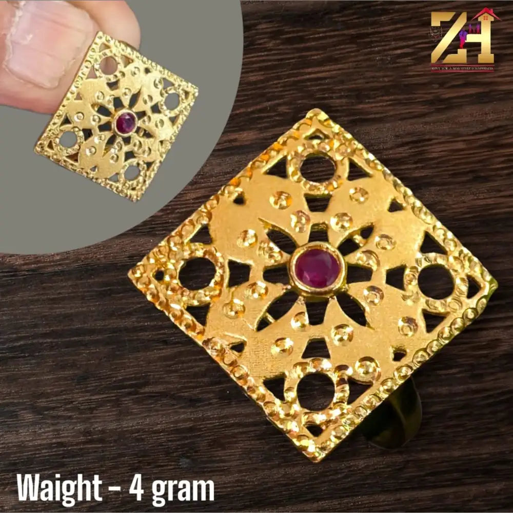 1 Gram Gold Plated Square Ruby Ring – Real Gold Look, Adjustable
