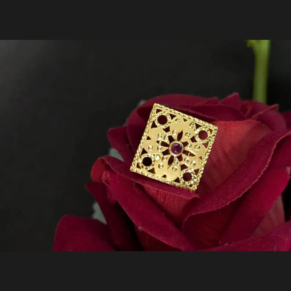 1 Gram Gold Plated Square Ruby Ring – Real Gold Look, Adjustable