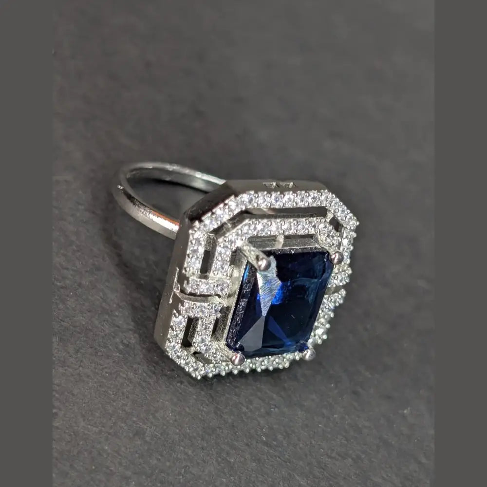 Silver-Plated Blue Stone AD Ring – Bold & Elegant Statement
