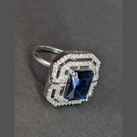 Silver-Plated Blue Stone AD Ring – Bold & Elegant Statement