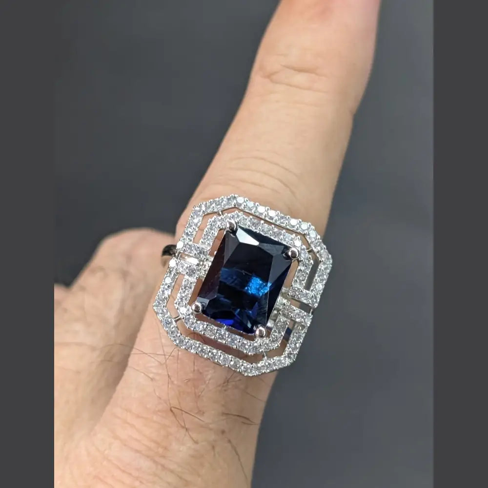 Silver-Plated Blue Stone AD Ring – Bold & Elegant Statement