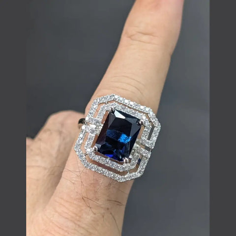 Silver-Plated Blue Stone AD Ring – Bold & Elegant Statement