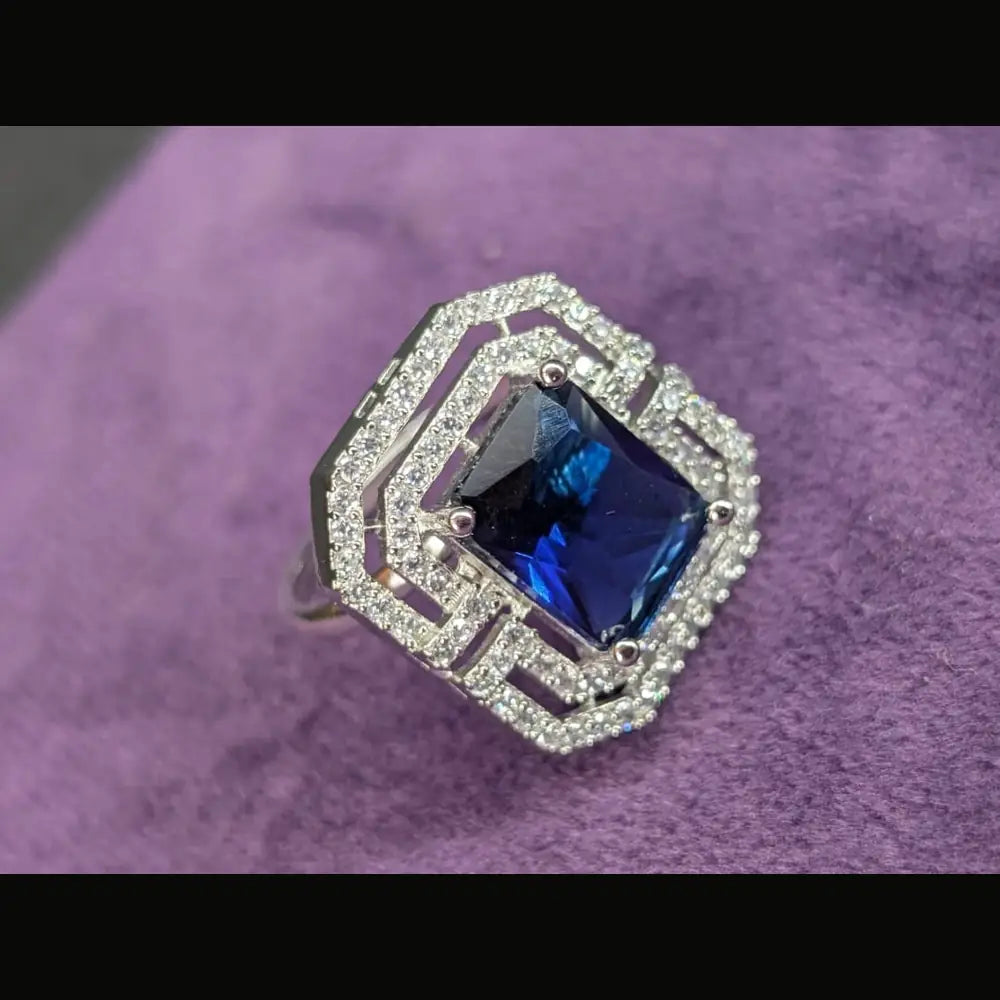 Silver-Plated Blue Stone AD Ring – Bold & Elegant Statement