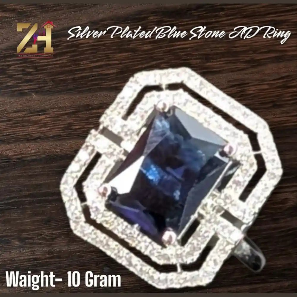 Silver-Plated Blue Stone AD Ring – Bold & Elegant Statement