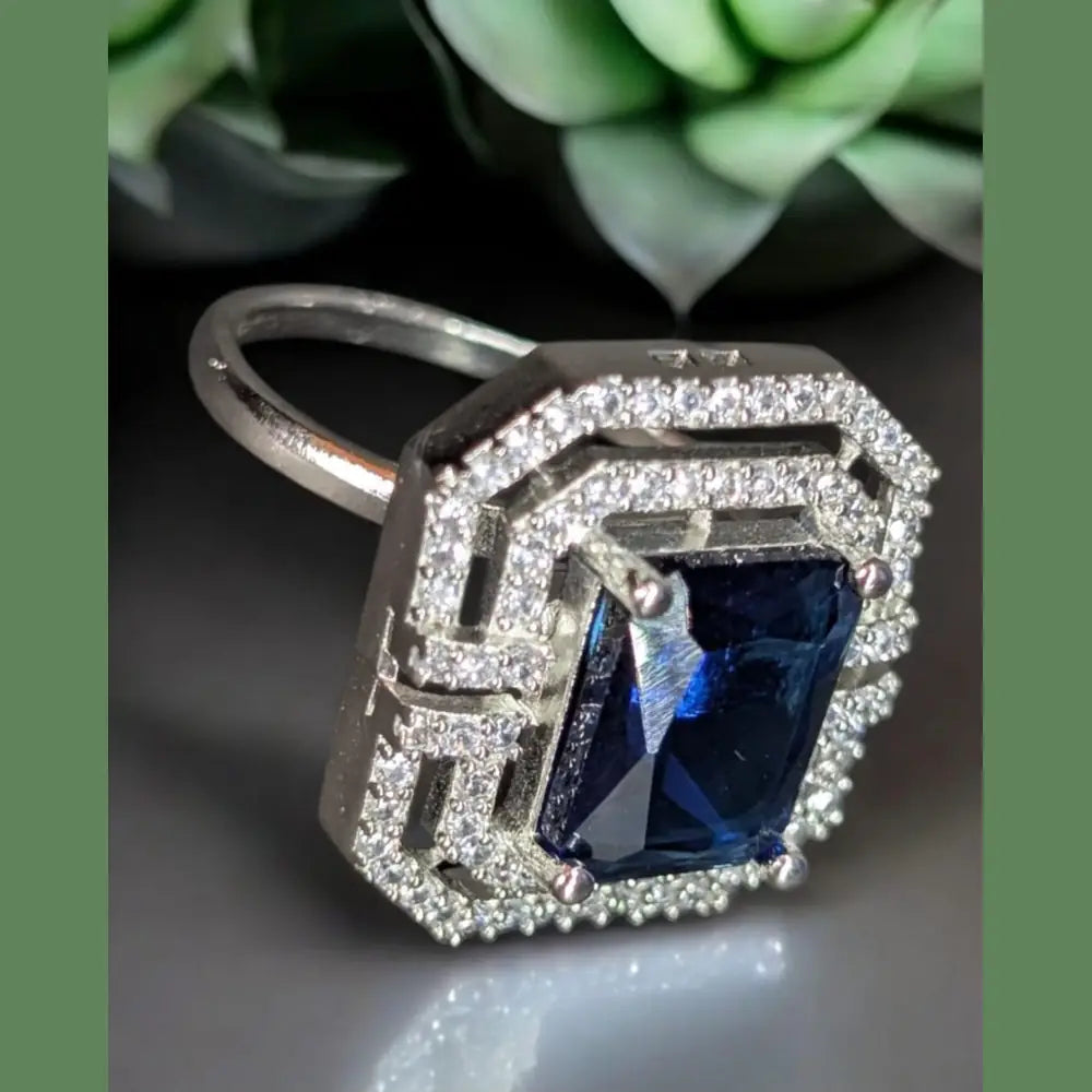 Silver-Plated Blue Stone AD Ring – Bold & Elegant Statement