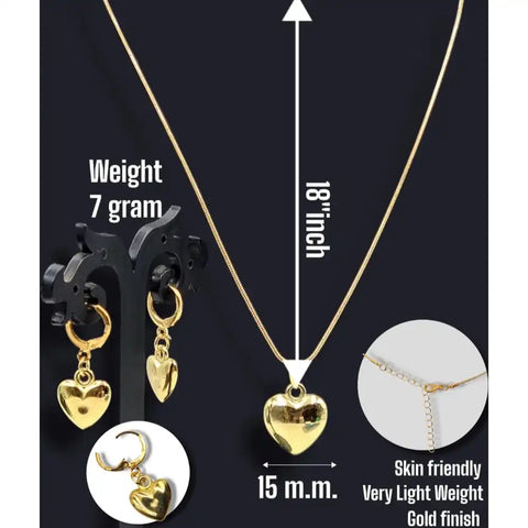 Elegant Heart Pendant Necklace & Earrings Set – Gold Finish (Lightweight)