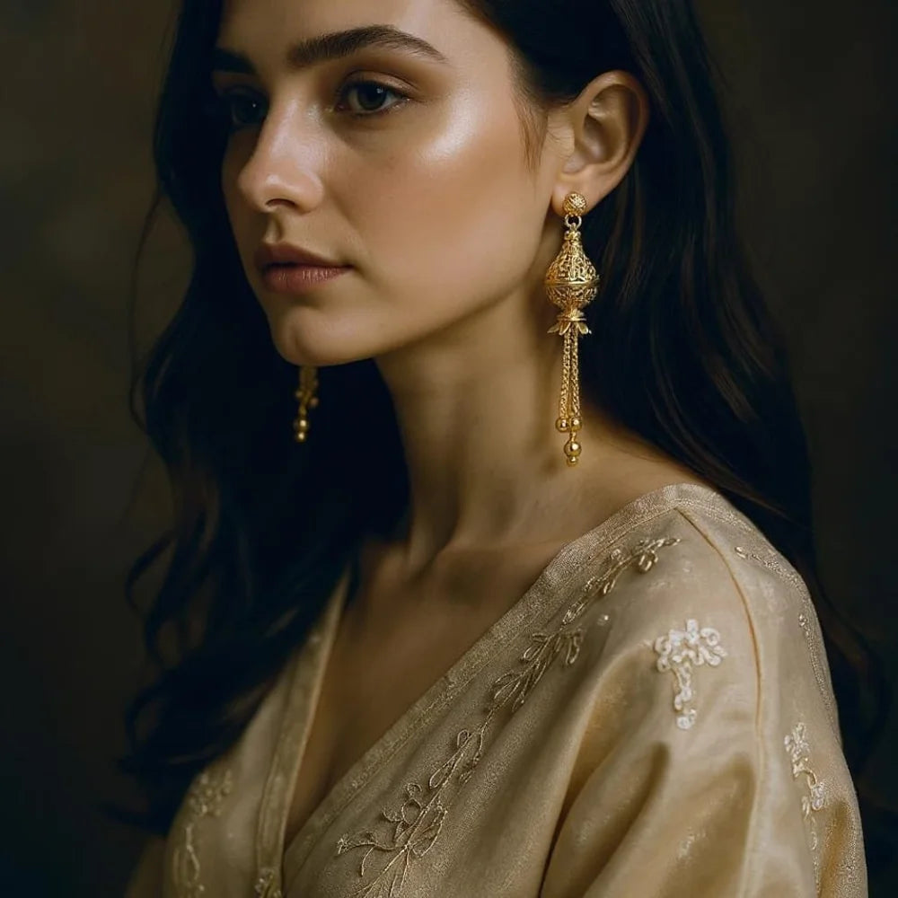 Traditional Gold Look Long Jhumka Earrings – Ethnic Drop Design