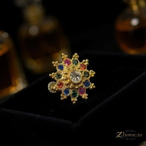 Multicolor Navratna Inspired Nosepin – Gold Finish