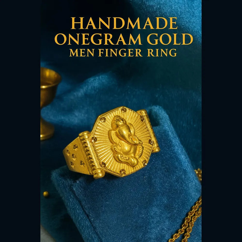 Handmade One Gram Gold Ganesh Finger Ring for Men – Adjustable (Size 22–25)