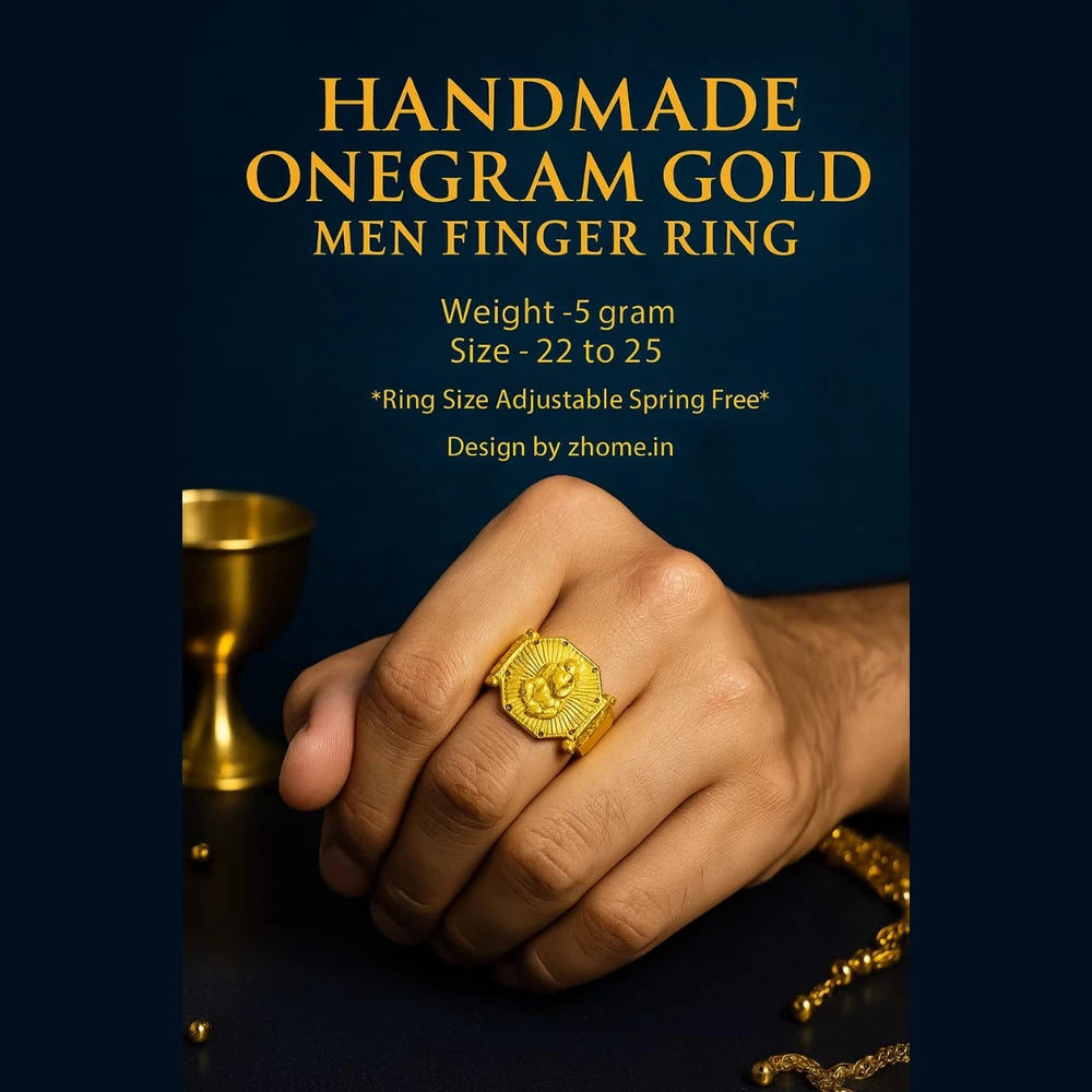 Handmade One Gram Gold Ganesh Finger Ring for Men – Adjustable (Size 22–25)