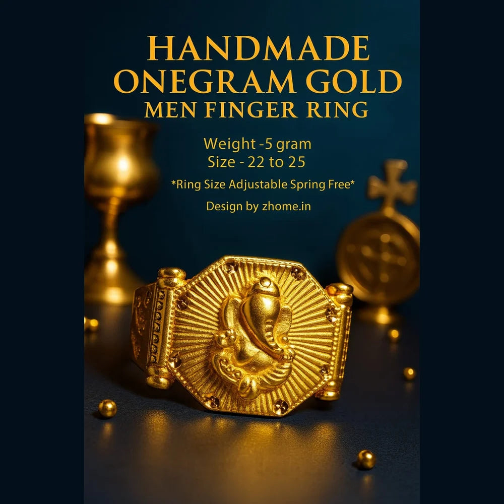 Handmade One Gram Gold Ganesh Finger Ring for Men – Adjustable (Size 22–25)