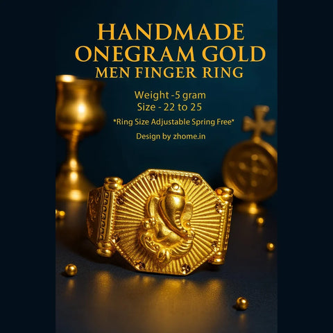 Handmade One Gram Gold Ganesh Finger Ring for Men – Adjustable (Size 22–25)