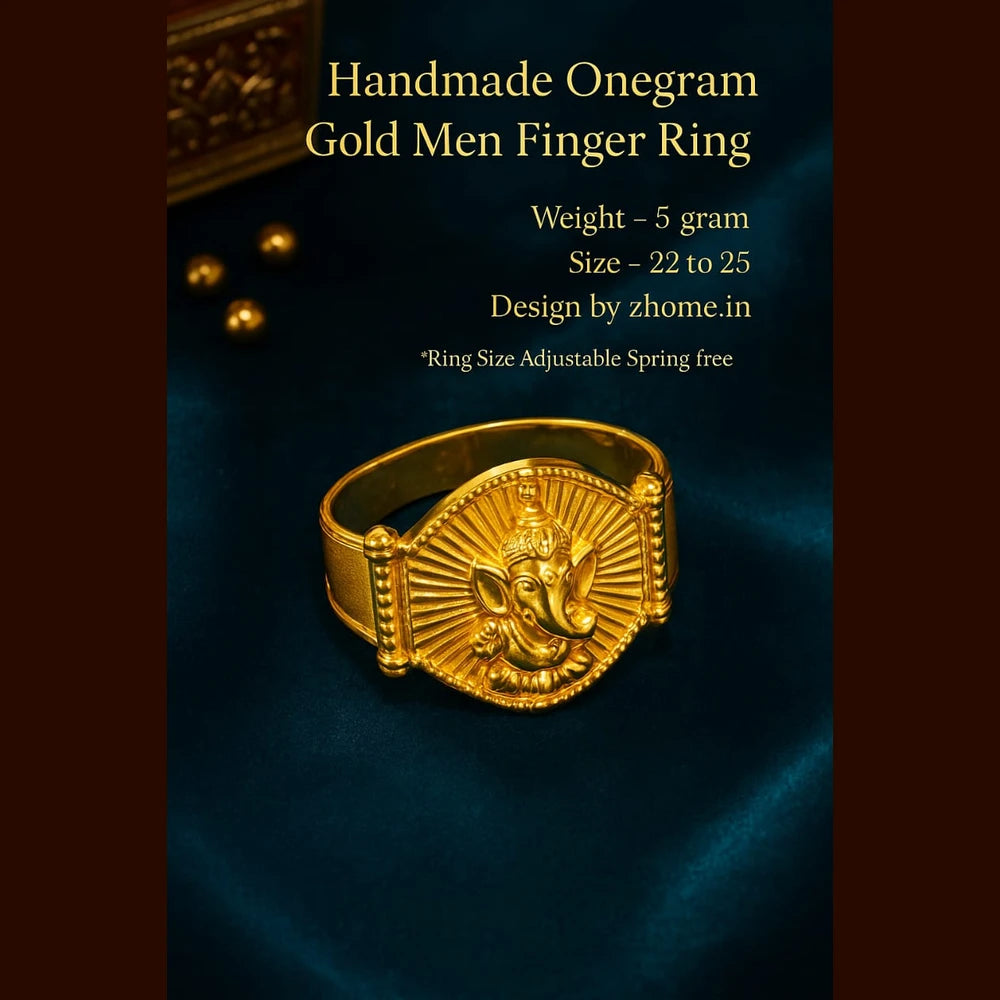 Handmade One Gram Gold Ganesh Finger Ring for Men – Adjustable (Size 22–25)