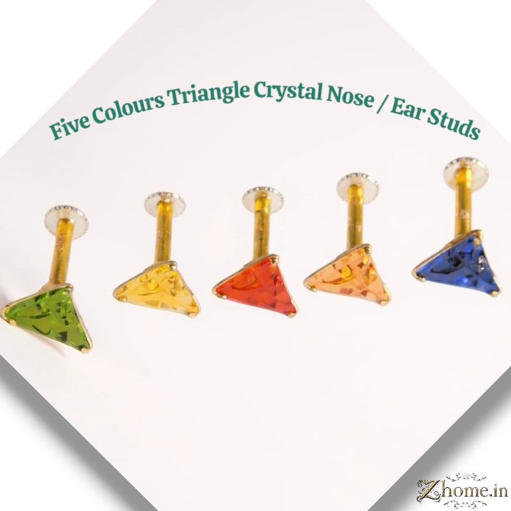 Triangle Crystal Studs Combo – Multicolor Nosepin & Earring Set (Pack of 5)