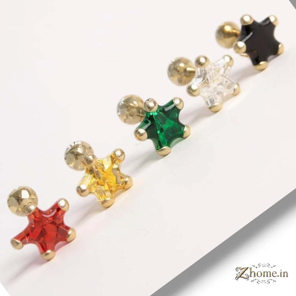 Star Studs Combo – Multicolor Nosepin & Earring Set (Pack of 5)