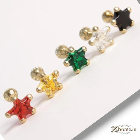 Star Studs Combo – Multicolor Nosepin & Earring Set (Pack of 5)