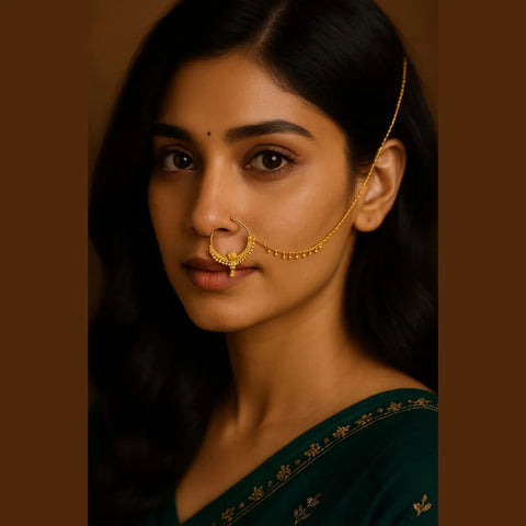One Gram Gold Bridal Nath with Side Chain – Gold Look Jewellery