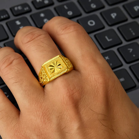 Regal Square Floral Gold-Plated Men's Ring