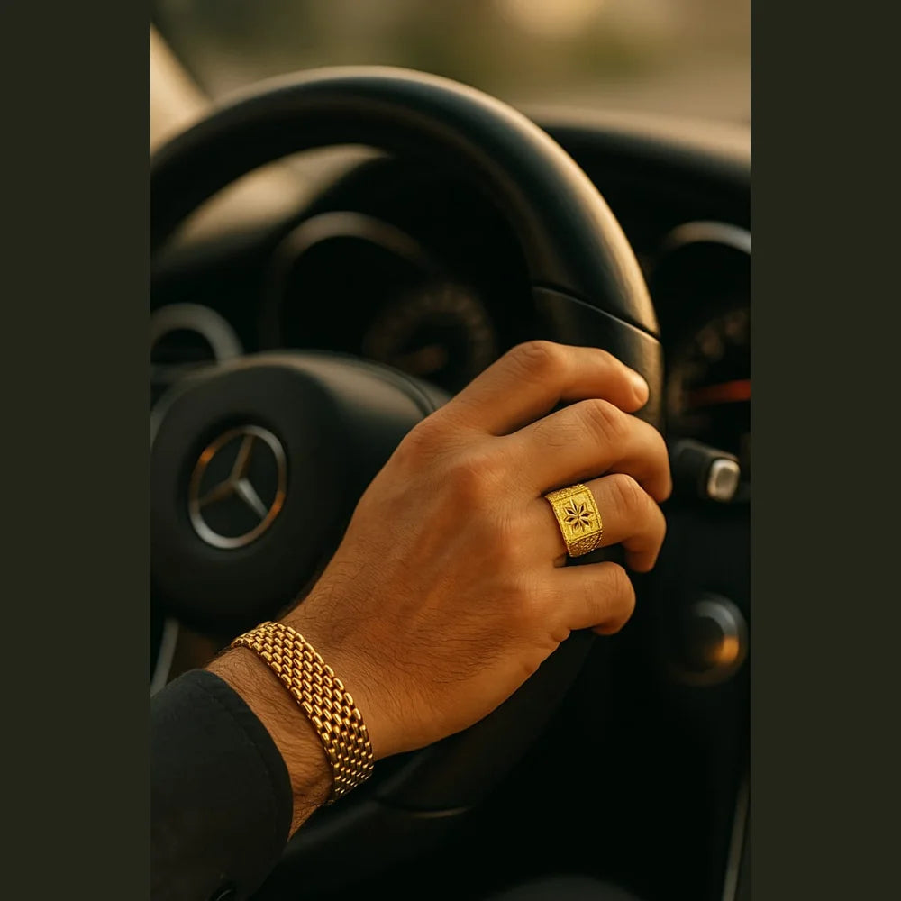 Regal Square Floral Gold-Plated Men's Ring