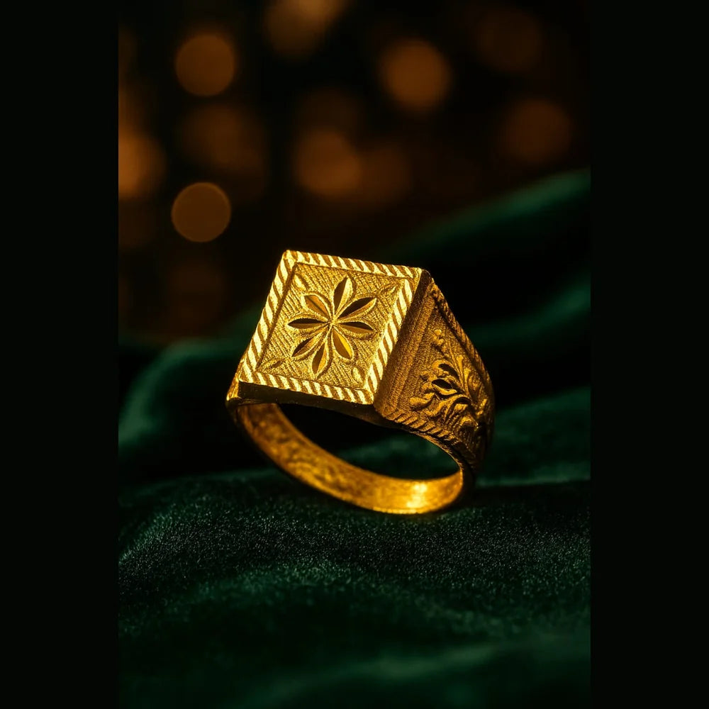 Regal Square Floral Gold-Plated Men's Ring