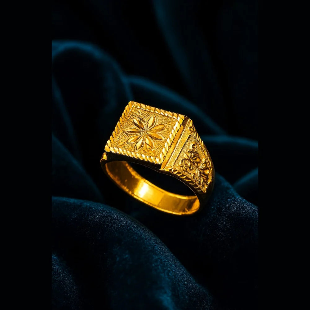 Regal Square Floral Gold-Plated Men's Ring