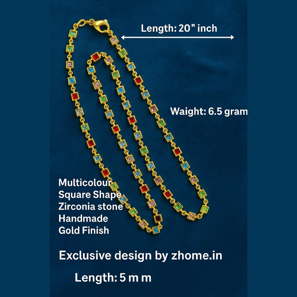 Multicolour Square Stone Necklace – 20" | Handmade Gold Finish Dailywear Chain
