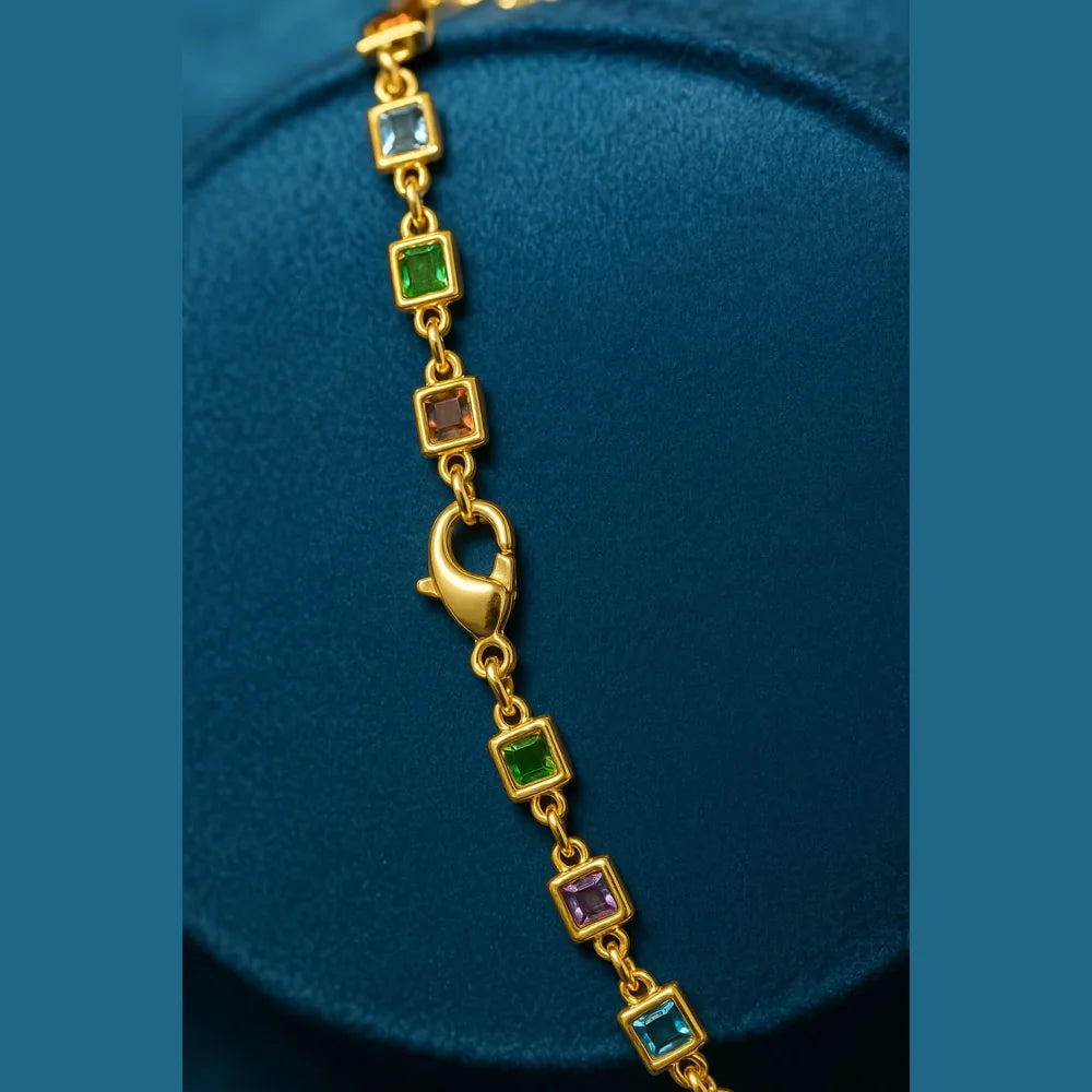 Multicolour Square Stone Necklace – 20" | Handmade Gold Finish Dailywear Chain