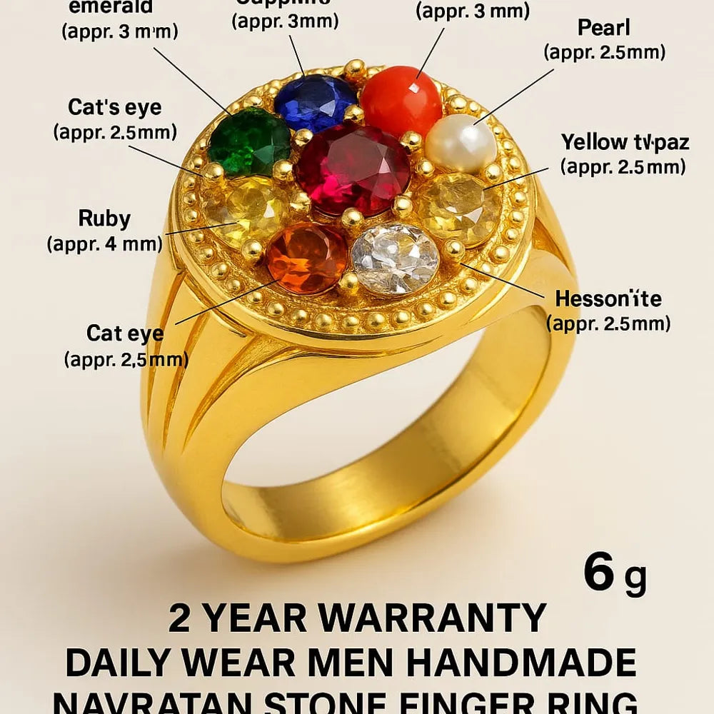 Handmade Navratna Gold Plated Ring for Men – Adjustable with Rubber Spring