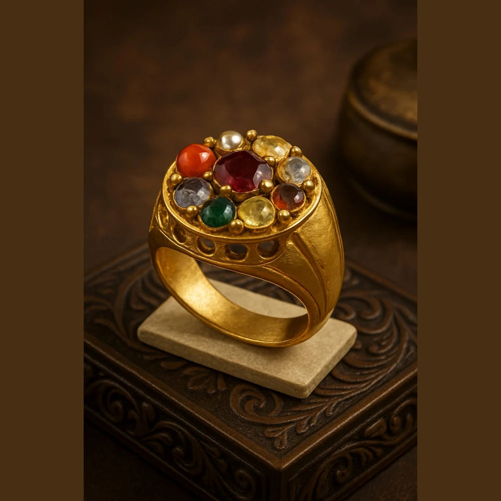 Handmade Navratna Gold Plated Ring for Men – Adjustable with Rubber Spring