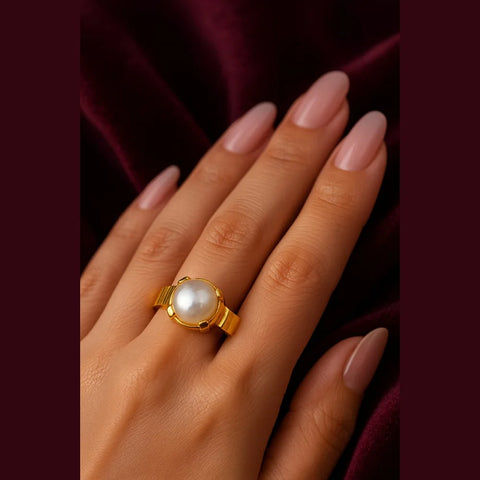 Classic Unisex Pearl Adjustable Gold-Plated Ring – 2-Year Polish Warranty