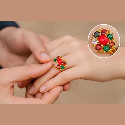 Navratna Gold Plated Statement Ring – Traditional Nine Stone Adjustable Ring