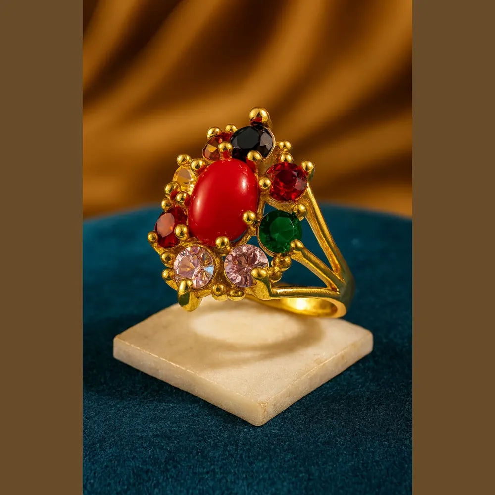 Navratna Gold Plated Statement Ring – Traditional Nine Stone Adjustable Ring
