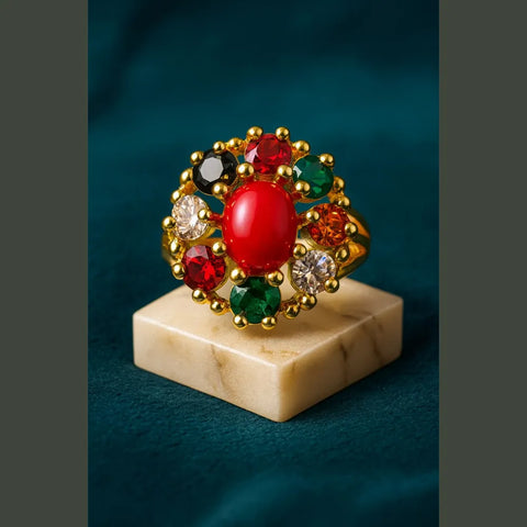 Navratna Gold Plated Statement Ring – Traditional Nine Stone Adjustable Ring