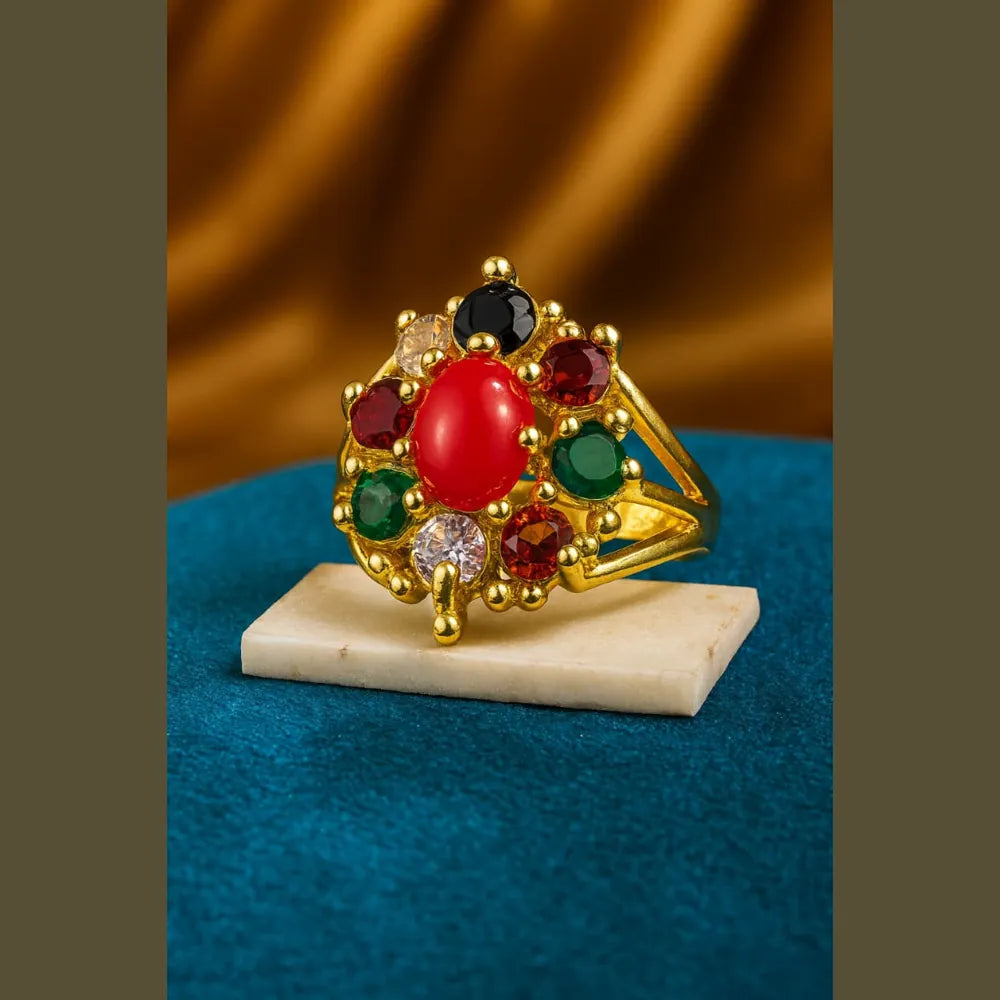 Navratna Gold Plated Statement Ring – Traditional Nine Stone Adjustable Ring