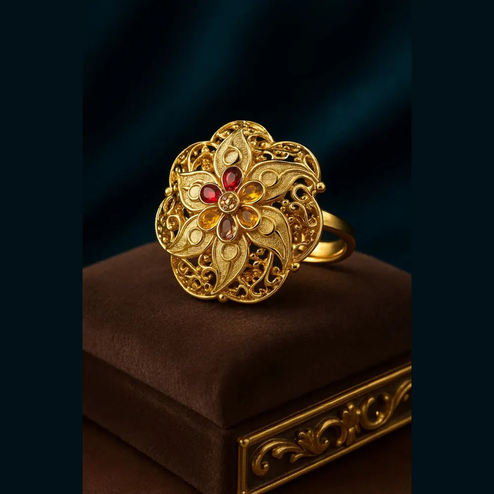 Floral Design 1 Gram Gold-Plated Ring – Multicolor Stones, Adjustable Fit